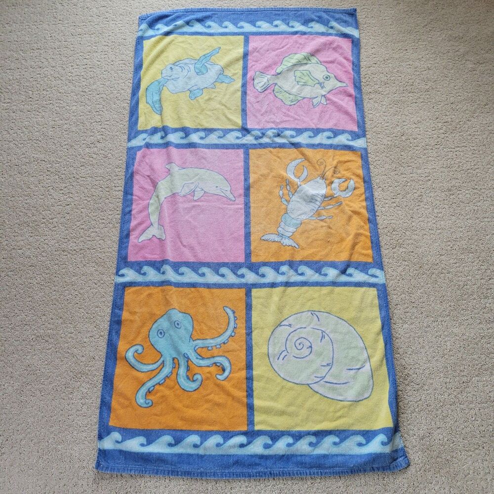 Vintage Fish Beach Beach Towel Retro 90s Y2K Under The Sea Turtle Dolphin 55x29
